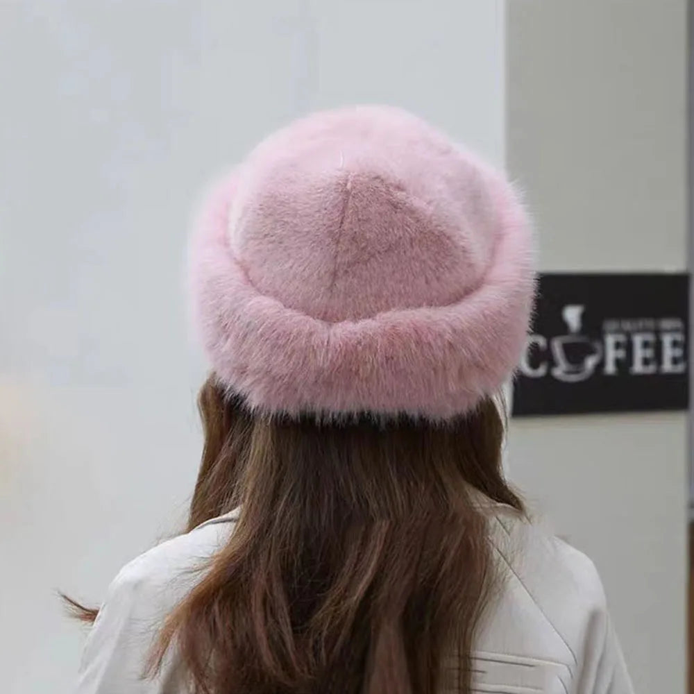 Winter Plush Hat Women Thickened Warm Bucket Hats For Women Men Simple Imitation Fur Ear Protection Cap Windproof Fisherman Cap