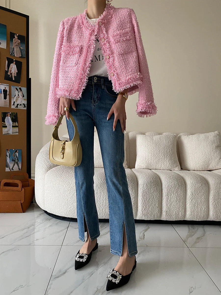 Pink Fringe Fur Shoulder Pad Tweed Jacket Blazer Boucle Crop Coat for Women 2023 Spring