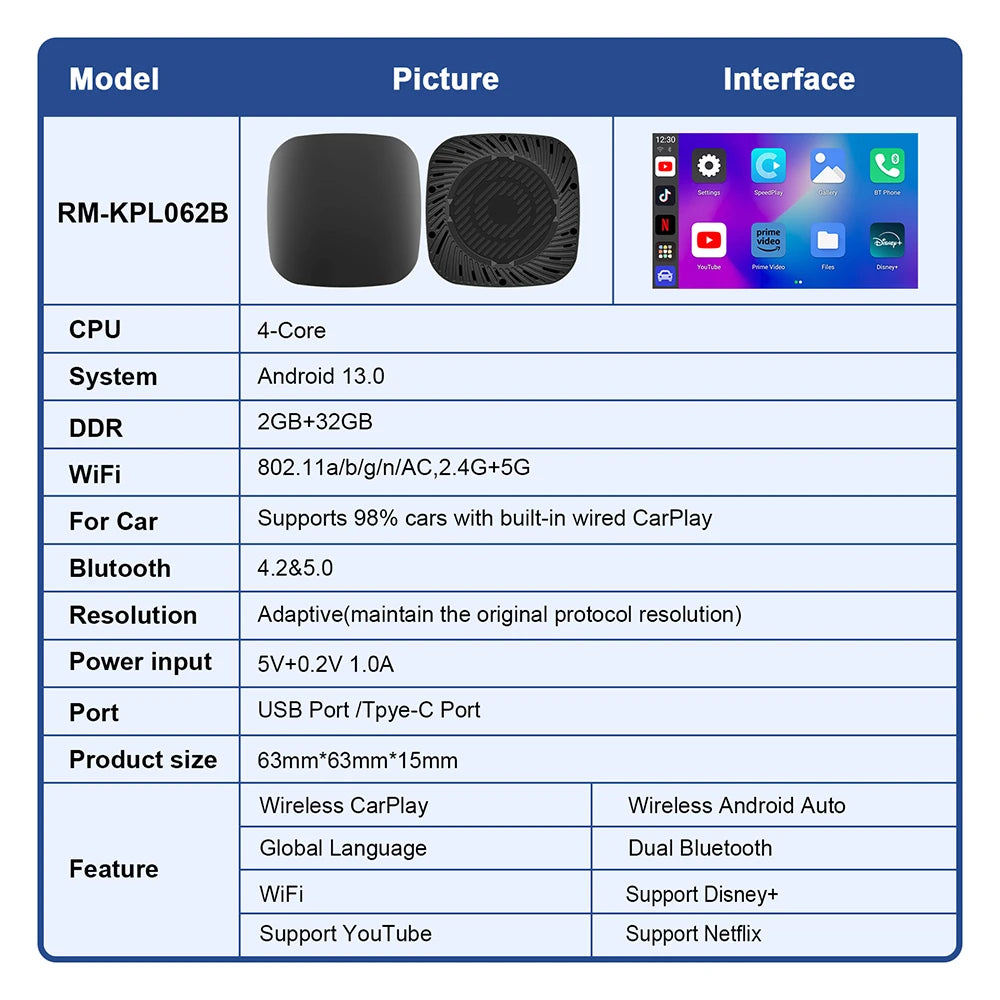 Android 13 Carplay Ai Box Wireless Android Auto Smart TV Box Car Intelligent System WIFI Support Netflix YouTube FOTA Upgrade