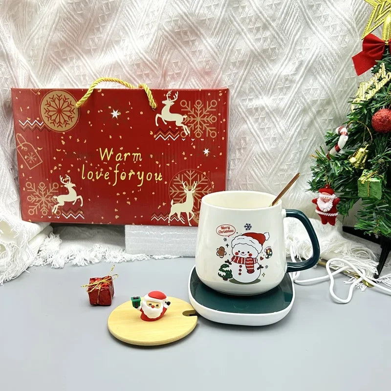 Christmas Gift Set: Warm 55℃ Ceramic Mug with Lid featuring Santa Claus for Office or Home Use