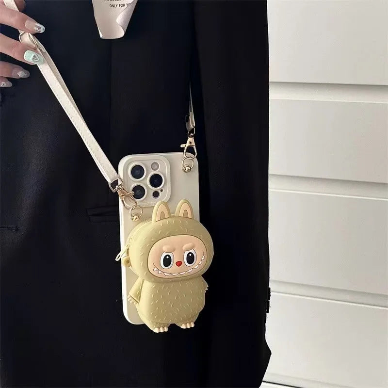 3D Labubu Zipper Silicone Wallet Phone Case For iPhone 16 15 Plus 14 13 12 Mini 11 Pro Max With Lanyard Strap Cartoon Cover